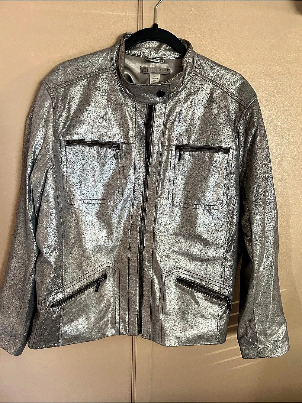 CHICO's size 3  Metallic Leather Moto Jacket